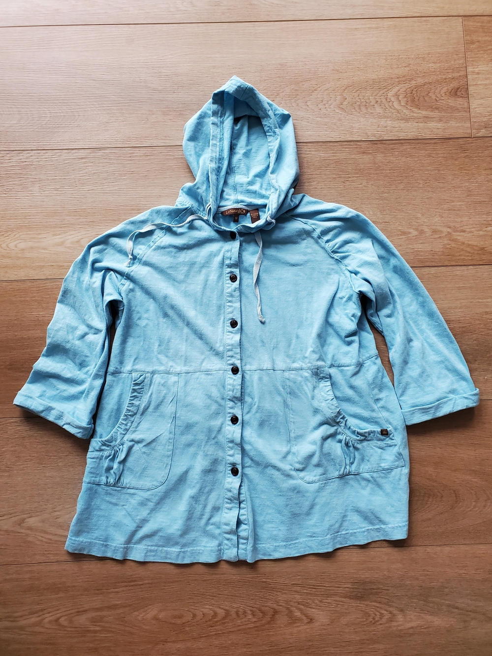 Boho Cottagecore Cotton Light Blue Hooded Button-Front Jacket - Women's